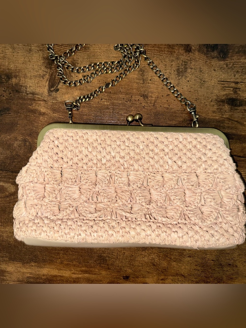 Patricia Nash Laureana Frame Bag Natural Scalloped Raffia Kiss Lock Chain Purse
